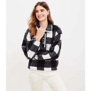LOFT Plaid Sherpa Snap Collar Top Black & White